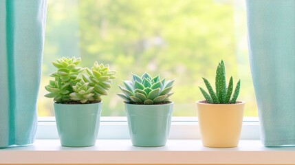 Serene Succulent Trio: A captivating display of three potted succulents sit gracefully on a windowsill, complemented by soft blue curtains, a vibrant showcase of interior design.