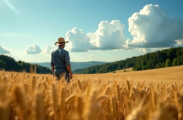 A farmer in a straw hat standing in a wheat field