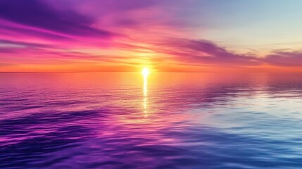 Fototapeta premium Vibrant Sunset Over the Ocean, Dramatic Colors Blend in the Sky, Waves Crash on the Shoreline