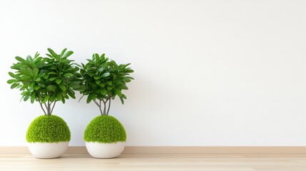 Serene Green Oasis: Two vibrant potted plants, their spherical mossy bases complementing the verdant leaves, stand against a clean, minimalist wall, creating a sense of calm and balance.