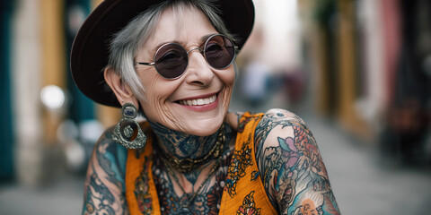 Portrait of happy tattooed stylish elderly old woman in tattoos and sunglasses on street in the city