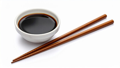 Soy Sauce in Small Ceramic Dish with Chopsticks on White Background, Asian Food Concept