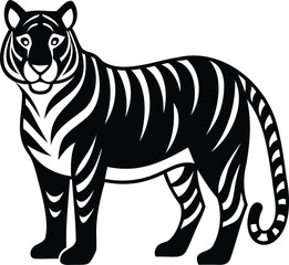 Stylized black and white image of a tiger standing alert and observing