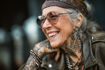 Portrait of happy tattooed stylish elderly old woman in tattoos on the street in the city