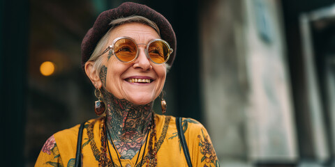 Happy tattooed stylish elderly old woman in tattoos on the street in city