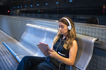 Young woman using tablet and wearing headphones while waiting for subway train