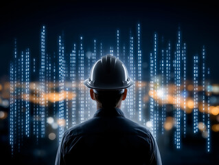 Visionary in Technology: A silhouette of an engineer in a hard hat stands at the forefront, observing a dynamic display of digital data streams against a backdrop of city lights at night.