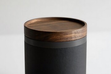 Black Ceramic Container with Wooden Lid and Label Mockup on White Background . Minimalist Product Shot