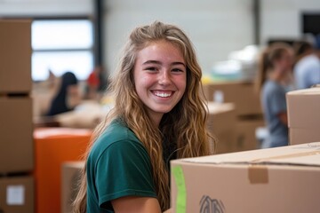Student Volunteering. Young People Organizing Charity Boxes for Donations Event