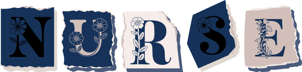 NURSE Floral Typography of a Concept Word � Elegant Torn Paper Letter Design