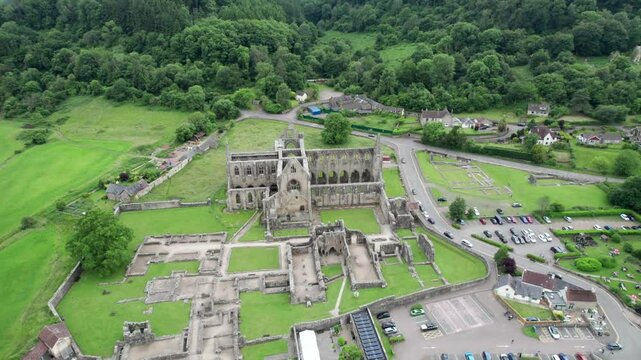 Tintern Abbey and River Wye, Chepstow South Wales. Beautiful aerial view, summer daytime