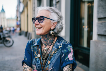 Portrait of happy tattooed stylish elderly old woman in tattoos on the street in the city