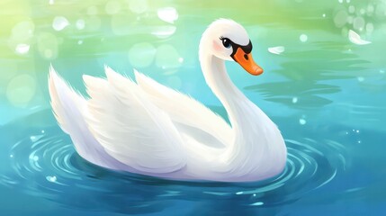 Swan Cartoon: Adorable Cartoon Bird with Beautiful Bright Colors Floating on Water