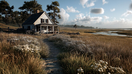 Cozy cottage on sunny day serene landscape pathway to house scenic field and water view