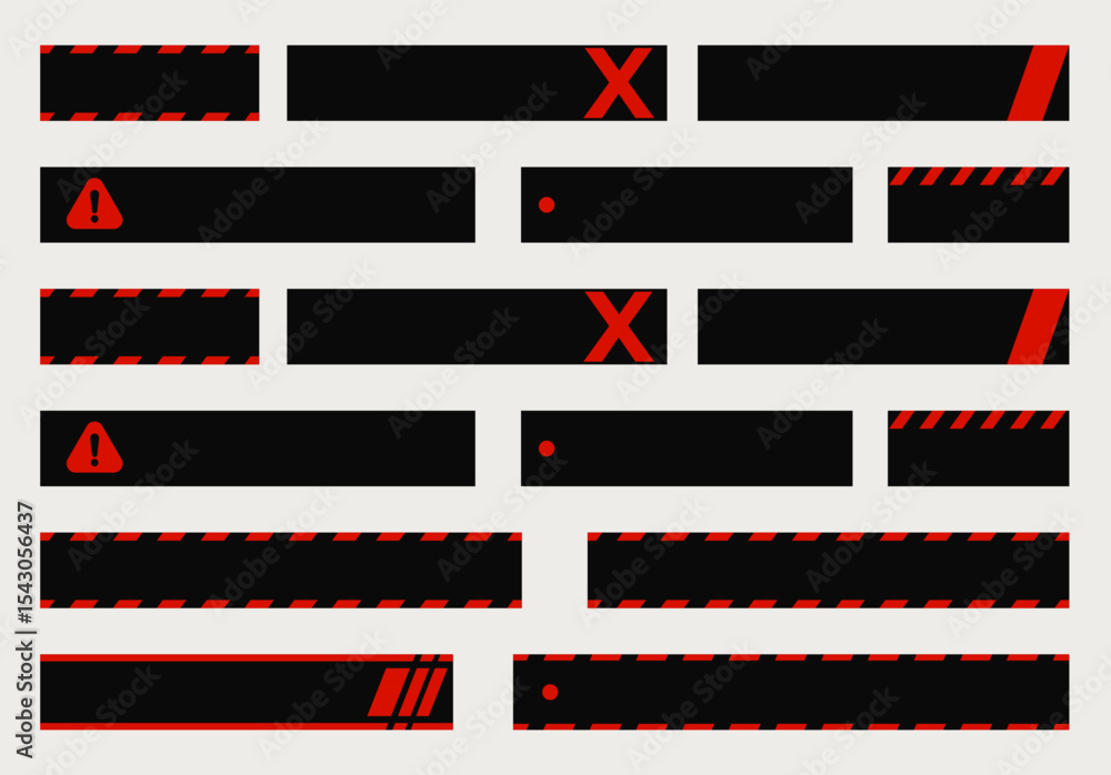 Poster warning ui banners with red elements, caution signs, error crosses, alert icons, minimal modern tech