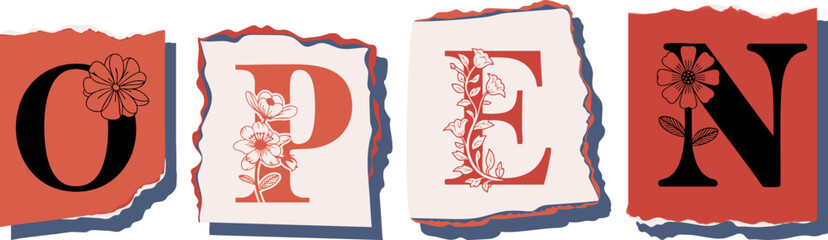 OPEN Floral Typography of a Concept Word � Elegant Torn Paper Letter Design