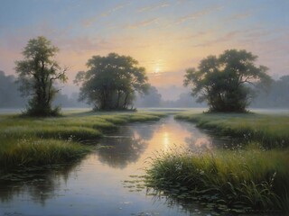 Obraz premium Early morning mist rising from a winding river, soft light and warm tones