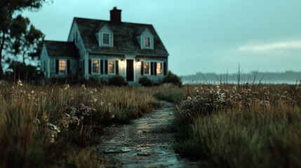 Cozy cottage along a coastal path in twilight peaceful cottage landscape
