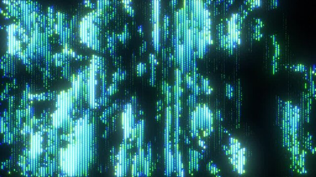4K Vertical glitch distortion with icy blue-green digital streaks and CRT scanlines, pixel fragmentation and analog flicker for motion graphics overlay, screen mode, part of abstract glitch transition