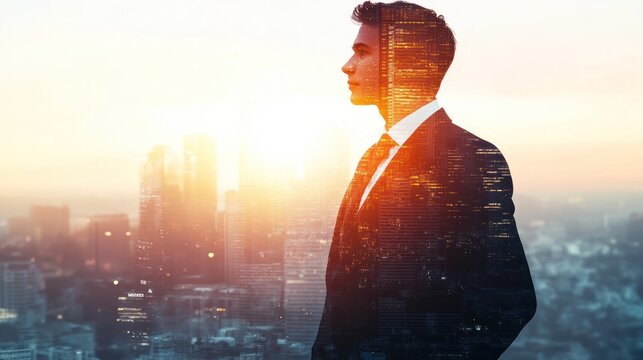 Businessman profile, city skyline, double exposure