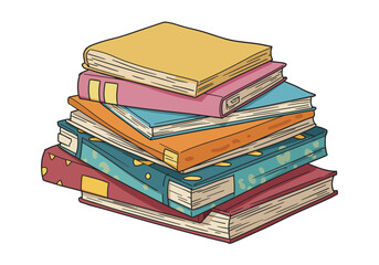 Stack of seven colorful books with unique patterns and page edges