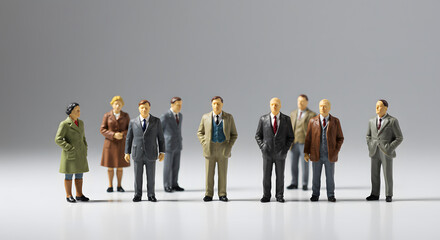Miniature people stand together in various professional attire against a light background, creating a sense of unity and diversity. The scene focuses on the detail of the figurines