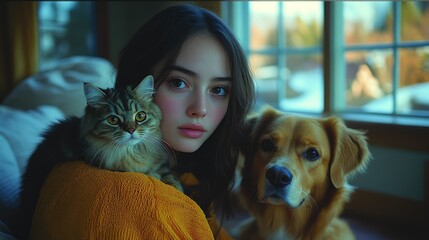 Woman with cat & dog by window, cozy home scene