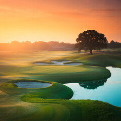 Serene golf course at golden hour: sprawling fairways, bunkers, water, lone oak tree, gentle mist, vibrant sunset sky.