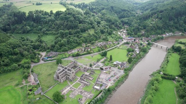 Tintern Abbey and River Wye, Chepstow South Wales. Beautiful aerial view, summer daytime