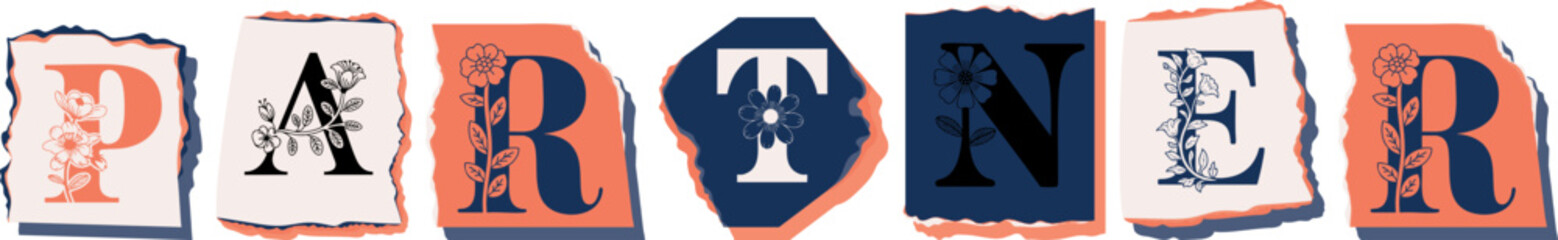 PARTNER Floral Typography of a Concept Word � Elegant Torn Paper Letter Design