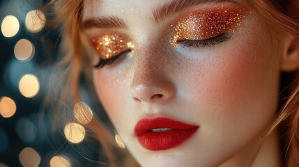 Woman with Golden Glitter Makeup, Close-up, Bokeh Lights