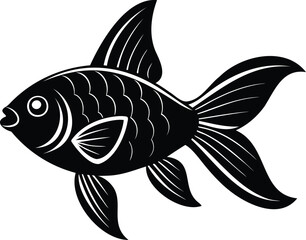 Black and white drawing of a goldfish swimming in a tank water