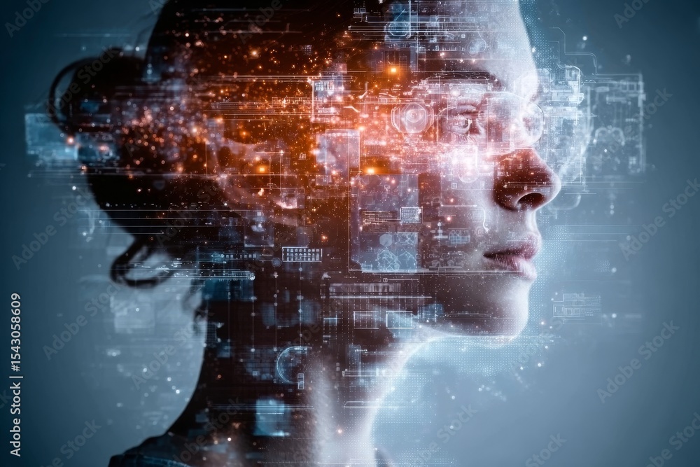 Poster futuristic concept of a woman using a virtual reality headset with digital interface and ai overlay.