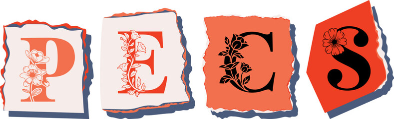 Fototapeta premium PECS Floral Typography of a Travel Destination � Elegant Torn Paper Letter Design