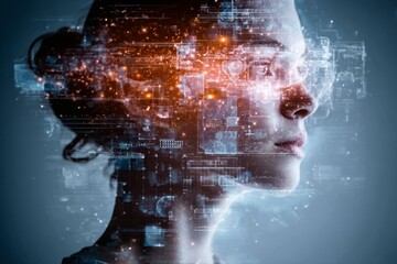 Futuristic concept of a woman using a virtual reality headset with digital interface and AI overlay.