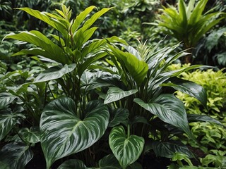Close-up of lush green plants in a botanical garden, photorealistic, natural textures