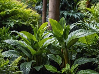 Close-up of lush green plants in a botanical garden, photorealistic, natural textures
