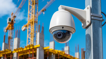 A close-up photograph of a modern white security camera mounted on a metal pole against a construction site background .