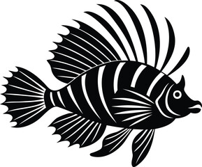 Striking black and white silhouette of a lionfish with detailed markings