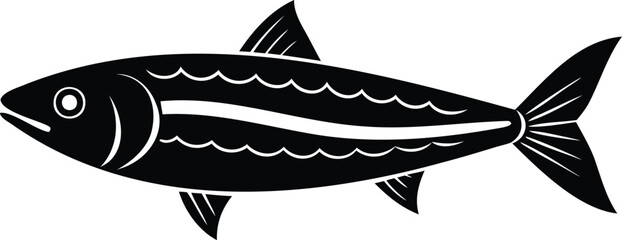 Monochrome illustration of a sleek swimming fish with stylized details