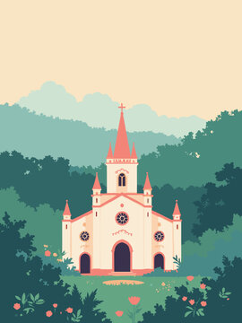 Suriname - Central Suriname Nature Reserve, Palmentuin, Saint Peter and Paul Cathedral in jungle green, garden pink, cathedral white, and cream