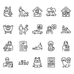 Pet care black line icons set for digital and print projects.