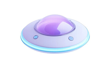 Cartoon UFO, light purple dome,  white disc, glowing blue-white ring
