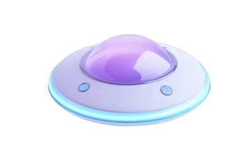 Cartoon UFO, light purple dome,  white disc, glowing blue-white ring