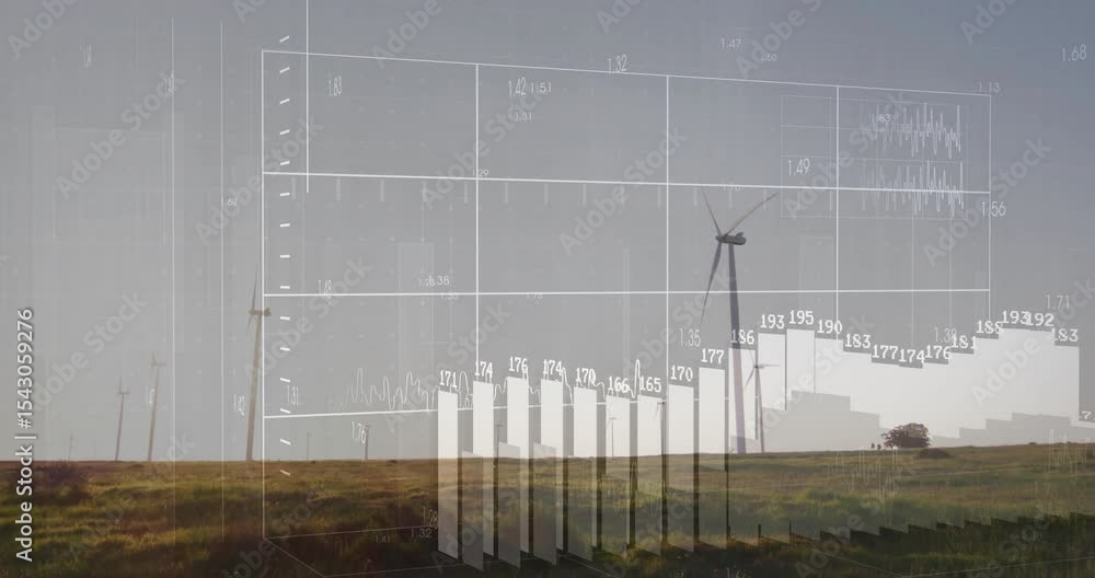 Poster grid overlay fading over rotating wind turbines, line graph animating trends, bars rising, fading