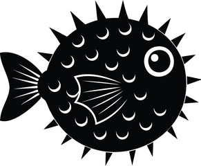 Stylized monochrome illustration of a pufferfish with spikes and crescent details