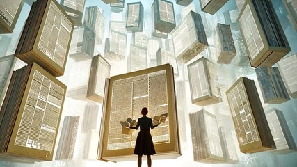 A woman stands before a massive, floating book surrounded by many smaller books, all filled with text