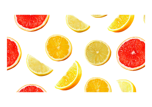 Fresh citrus pattern with sliced lemons and grapefruits on transparent background, PNG