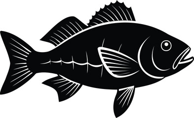 Stylized illustration of a black fish with prominent fins and open mouth