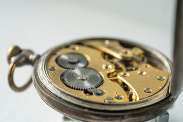Part of clockwork with gears, spring, ruby. Steel and brass.